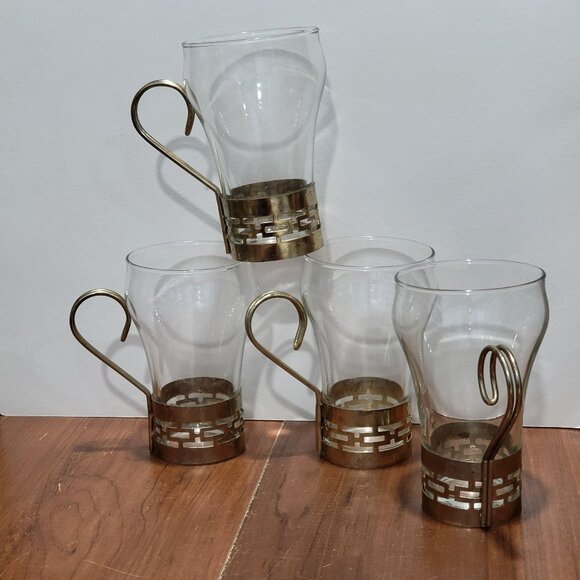 Glass Irish Coffee Cappuccino Glasses Cups Mugs Metal Base and Handles Set of 4 - Picture 5 of 11